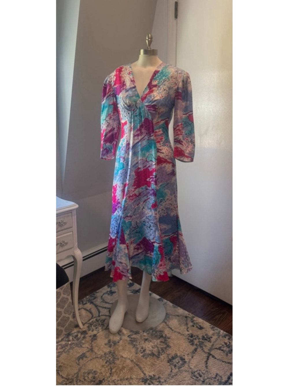 Vintage Eliza Scott | Women’s 100% Silk Pink Blue Abstract Midi Dress | Size 8